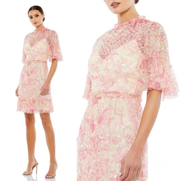 Mac Duggal A9148 Sequin Floral Ruffle Illusion Neck Mini Dress Pink size 12 C6